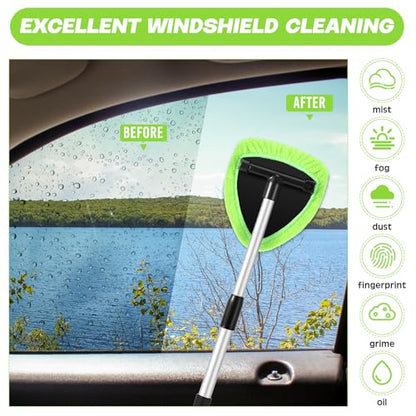 Baderke 10 Pcs Windshield Cleaner Tool Car Window Cleaning Supplies with Extendable Handle Include 6 Washable Microfiber Bonnets 2 Empty 60ml Spray Bottle Glass Wiper Kit (Green) - color: Green