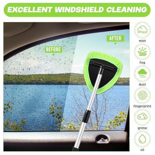 Baderke 10 Pcs Windshield Cleaner Tool Car Window Cleaning Supplies with Extendable Handle Include 6 Washable Microfiber Bonnets 2 Empty 60ml Spray Bottle Glass Wiper Kit (Green) - color: Green