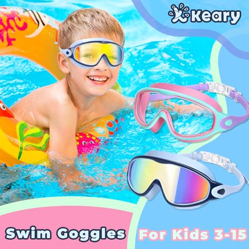 Keary 2 Pack Kids Swim Goggles for 3-15 UV Protection Anti-Fog Pool Water Swimming Goggles for Boys Girls Youth Toddler - color: Pink & Bule