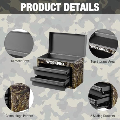 WORKPRO Metal Mini Tool Box with 2 Drawers and Top Storage | Cold Rolled Steel Toolbox, Ball Bearing Slides, PVC Drawer Liners, PP Feet Pads, Durable Storage - color: Green Camo