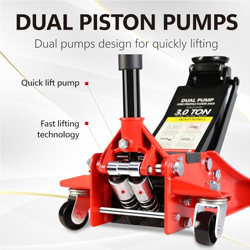 3T Low Profile Steel Floor Jack, 6600 lb, Dual Pump, 3.3"-18.5" Lift, Red | Heavy-duty steel. Dual piston quick lift. Low profile design. 3.3" entry, 18.5" max. Overload safety protection. - size: 3T Dual Pump 3.3"-18.5"(Red)