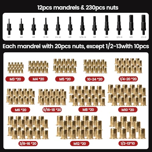 Rivet Nut Tool, 16" Heavy Duty Rivnut Tool Kit with 12PCS Metric/SAE Mandrels, 230PCS Rivet Nuts, Wrench, Gloves and Carrying Case, Auto Release Nut Design for Automotive, Construction & DIY - size: With 12 Mandrels & 230 Nuts