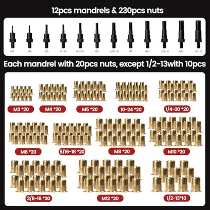 Rivet Nut Tool, 16" Heavy Duty Rivnut Tool Kit with 12PCS Metric/SAE Mandrels, 230PCS Rivet Nuts, Wrench, Gloves and Carrying Case, Auto Release Nut Design for Automotive, Construction & DIY - size: With 12 Mandrels & 230 Nuts