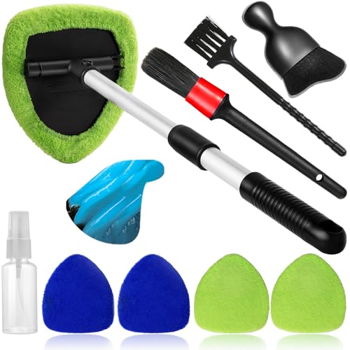 Qydipclin 10pcs Windshield Cleaner Tool, Car Window Cleaning Wash Kit with 4 Reusable Microfiber Pads 1 Spray Bottle and Extendable Handle Auto Glass Wiper Kit, Blue&Green - color: Blue & Green