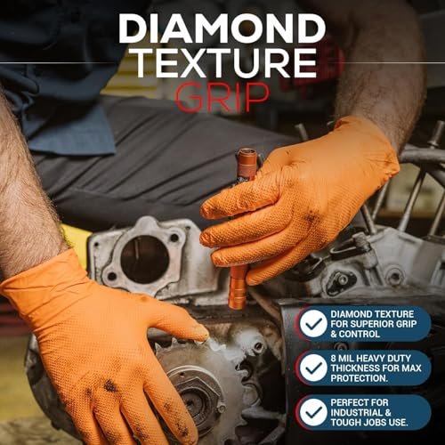 First Glove 8 Mil Heavy Duty Nitrile Gloves - Diamond Grip - Disposable Gloves for Mechanic, Automotive & Industrial Work - size: Medium