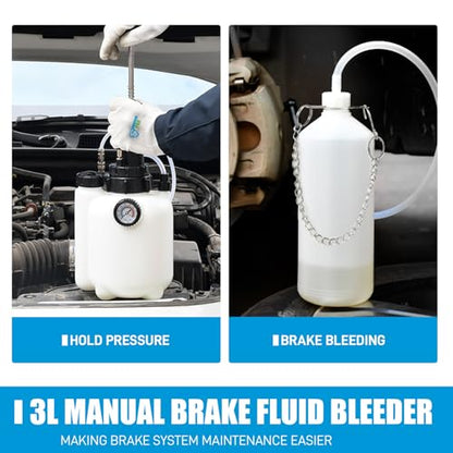 SMOTIVEPRO Brake Fluid Bleeder Kit, 3L Manual Pump with 4 Adapters, One Man | Fits Most European Vehicles and Select Chevy, Ford, Jeep, Dodge, GMC, Chrysler, Subaru and Hyundai Models