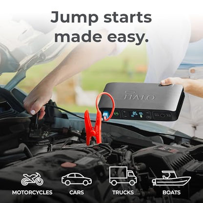 HALO Bolt Air 58830 Portable Car Battery Jump Starter | 100 PSI Air Compressor, 58.8Wh USB Power Bank, Emergency Floodlight & Charger, Jumps Cars SUVs & Trucks, Inflates Tires, TSA Approved — Gray - color: Grey