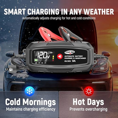 TOPDC 3A 6V/12V Automatic Battery Charger & Maintainer – Smart Trickle Charger for Car, Motorcycle, Boat, Lawn Tractor, RV, ATV – Lead-Acid (AGM/STD/Gel) & LiFePO4 (LFP) – Desulfator & Recondition - size: 3A