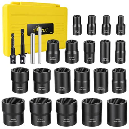 Topec Bolt Extractor Kit, 24PCS Stripped Bolt & Nut Extractor Socket Set with Adapter & Knock-Out Pin, 3/8” & 1/2” Drive Impact Wheel Lock Removal Kit for Damaged, Rusted, Rounded Nuts Bolts