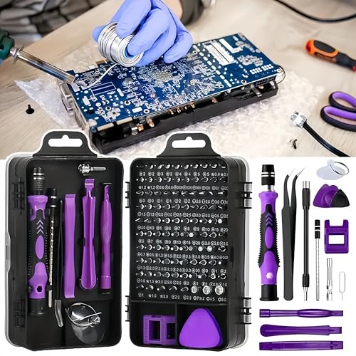 115-in-1 Precision Screwdriver Sets, Professional Repair Tool Kit with Flat Head & Multiple Bits for Electronics, Phone, Watch, Automotive Maintenance - Magnetic, Non-Slip Handle & Tweezers(Purple)