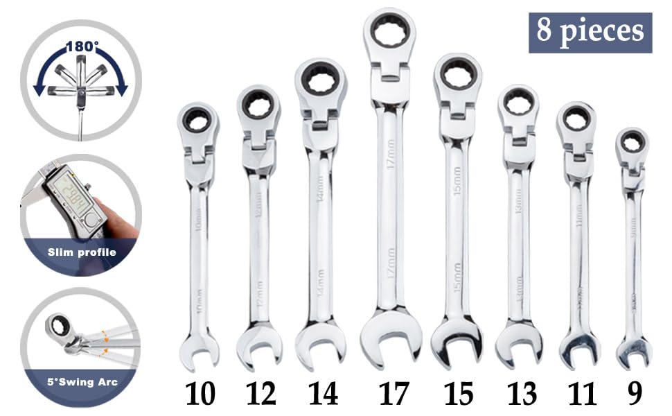 Qnkaa Flexible Ratchet Wrench Set 8pcs 9-17mm Spanner Gear Ring Ratcheting Combination Flexi Wrenches Kit Metric Flex Head - size: Metric 8pcs