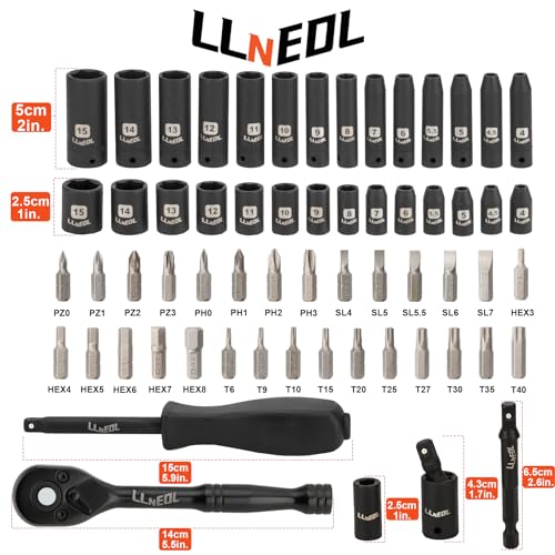 LLNEDL 1/4 inch Impact Socket Set, 63 Piece Drive Socket Wrench Set Metric (4-15mm) Deep and Shallow 6 Point, Automotive Tool Kit with 72T Ratchet for Bicycle & Car Repairing - size: 63pcs 1/4 inch socket set