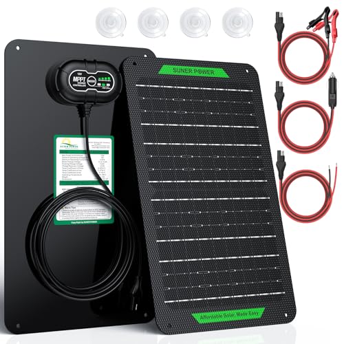 SUNER POWER Waterproof 12W 12V Solar Battery Charger & Maintainer PRO, Built-in UltraSmart MPPT Charge Controller, 12 Volt Solar Panel Trickle Charging Kits for Car Automotive Boat Marine RV Trailer - size: BC-12W-PB Ultra