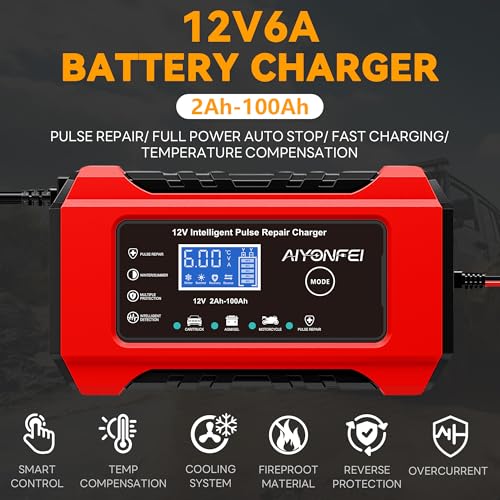 6A 12V Car Battery Charger Smart Maintainer Trickle Charger, Red | Smart Battery Desulfator, Temperature Compensation, for Car Truck Motorcycle, Lawn Mower Marine - color: Red