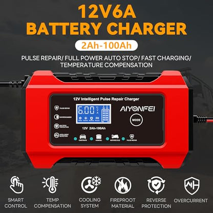 6A 12V Car Battery Charger Smart Maintainer Trickle Charger, Red | Smart Battery Desulfator, Temperature Compensation, for Car Truck Motorcycle, Lawn Mower Marine - color: Red