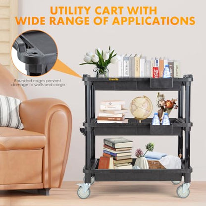 ELAFROS 3-Shelf Rolling Utility Cart with Power Strip, 32.4 x 18.3 in | Multi-Use Rolling Cart, Deep Shelves, Industrial-Grade Plastic Cart, Service Tool Cart, Work Cart, AV Equipment Storage - style: With Power Strip