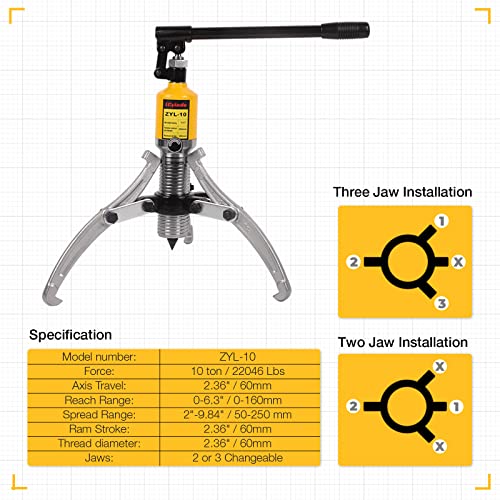 Hydraulic Gear Puller, 10 Ton Hydraulic Puller Kit Bearing Puller with Case 2 or 3 Jaws Bearing Hub Separator Hydraulic Puller Separator Tool for Pulling Hubs, Bearings, Gears, ZYL-10 - size: 10 Ton