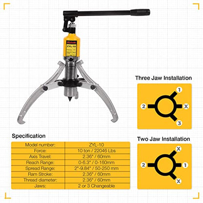 Hydraulic Gear Puller, 10 Ton Hydraulic Puller Kit Bearing Puller with Case 2 or 3 Jaws Bearing Hub Separator Hydraulic Puller Separator Tool for Pulling Hubs, Bearings, Gears, ZYL-10 - size: 10 Ton