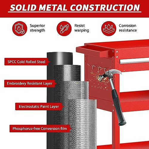 3-Tier Rolling Utility Cart, Metal Tool Cart on Wheels with Lockable-Red | 330 lb. Load Capability Heavy Duty Tool Cart with Drawers, Mechanic Tool Cart for Garage, Warehouse, Repair Shop - color: Red