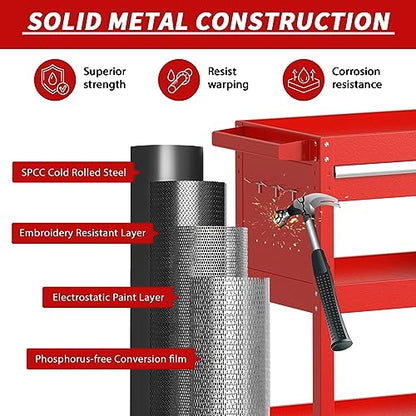3-Tier Rolling Utility Cart, Metal Tool Cart on Wheels with Lockable-Red | 330 lb. Load Capability Heavy Duty Tool Cart with Drawers, Mechanic Tool Cart for Garage, Warehouse, Repair Shop - color: Red