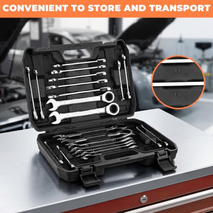 YOUNGPOWER 22-Piece Ratcheting Wrench Set, SAE & Metric, 1/4"-3/4" & 6-18mm | Chrome Vanadium Steel, Mirror-Polished, Corrosion Resistance, 72-Tooth with 5-Degree Swing Arc, Storage Case, Engine Repairs - size: 1/4"-3/4" & 6-18mm