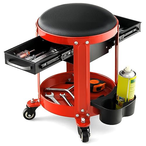 IRONMAX Rolling Mechanic Stool, 330LBS Capacity Automotive Creepers Chair w/Wheels, 2 Drawers, Tools Tray, Can-Holder & Removable Padded Seat, Round Garage Shop Roller Seat for Workshop (Red) - color: Red