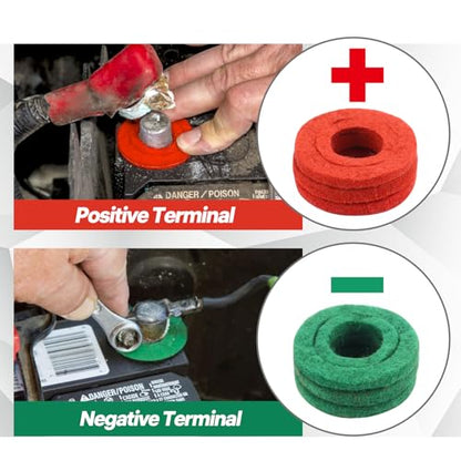 Battery Terminal Cleaner Tool Kit, 2-Pack Battery Post Wire Brush with Metal Case and 10 Anti-Corrosion Fiber Washers (5 Red & 5 Green) for Car, Truck, RV and Marine Batteries