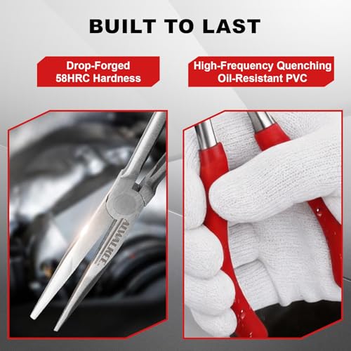 9-Piece 11" Long Reach Needle Nose Pliers Set | 9-Piece 11" long reach needle nose pliers set (straight/bent/hose grippers). 58HRC carbon steel with canvas storage pouch.