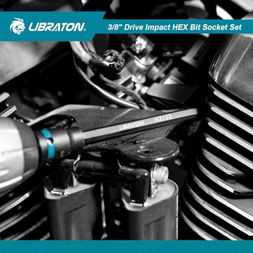 LIBRATON 3/8" Drive Long Impact Hex Bit Socket Set, Allen Bit Sockets, S2 Steel Hex Head Sockets, 20PCS Allen Wrench Socket, SAE&Metric Allen Bit Socket Set, 6" Long Allen Key Socket, Blow Molded Box