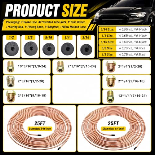 25Ft 1/4"& 3/16" Brake Line Kit,Heavy Duty Brake Line Flaring Tool Kit with 32 Inverted Fittings for Single/Double Flare,Brakes Lines Repair Kits for Cars/SUVs/Trucks