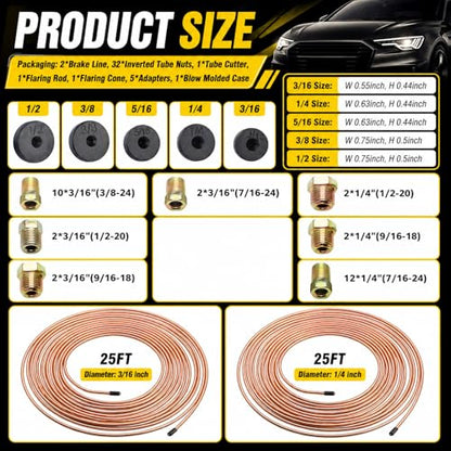 25Ft 1/4"& 3/16" Brake Line Kit,Heavy Duty Brake Line Flaring Tool Kit with 32 Inverted Fittings for Single/Double Flare,Brakes Lines Repair Kits for Cars/SUVs/Trucks