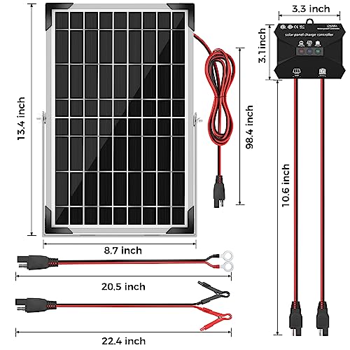 Voltset Solar Battery Trickle Charger: 10 Watt 12V Solar Panel Maintainer for Car Boat - Waterproof Monocrystalline Solar Charger with Controller for RV Marine Trailer Truck Motorcycle - size: 10W