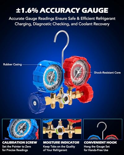 Orion Motor Tech AC Vacuum Pump and Gauge Set, 1/4 hp 3.5 cfm Vacuum Pump Manifold Gauge Kit with 3 Hoses Adapters & Accessories for R134a R12 R22 R502, A/C Vacuum Pump Kit for Auto HVAC Systems - size: 3.5 CFM&3 way