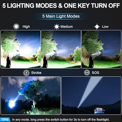 Rechargeable Tactical Flashlights 2000 High Lumens - 5000mAh Super Bright LED Powerful Flash Light, Waterproof Handheld USB C Flashlight for Home,Car,Camping,Emergencies,5 Modes,Zoomable (1, Blue) - color: Blue