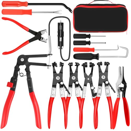 13PCS Hose Clamp Pliers Set, Long Reach Hose Clamp Kit for Automotive Coolant Radiator Heater and Water Hose, with Flexible Wire Clic R Type Swivel Jaw Flat Band Pliers - color: 13 Pcs With Case