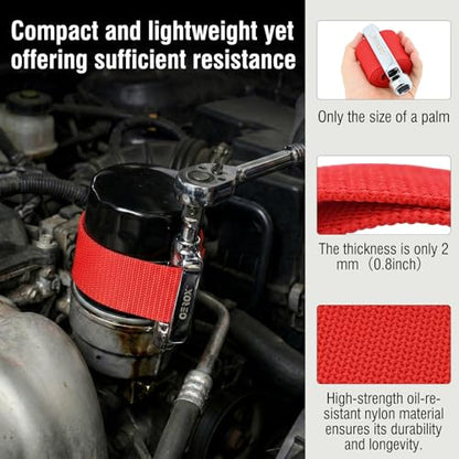 Heavy-duty oil filter wrench, Oil filter removal tool, 3/8 & 1/2 in Drive | Fits filters up to 9 in (229 mm), with a flexible nylon strap for narrow engine bays and tight service spaces