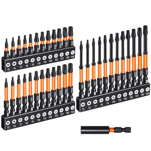 Security Tamper Proof Torx Bit Set,36-Piece T5-T40, S2 Steel Magnetic Bits | S2 Steel Security Torx Bit Set, CNC Machined Tips, 1/2/3" Bits, Magnetic Holder, Storage Box, for Impact, Auto