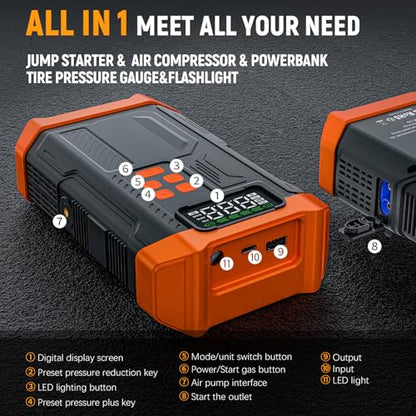 5000A Jump Starter with Air Compressor,Car Jumper Starter Portable with 150PSI Tire Inflator 12V Jump Box with LCD Display,Flashlight,Storage Case (Up 9L Gas/8L Diesel Engine（Orange - style: AORANGE