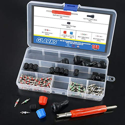 Glarks 148Pcs Tire Valve Car Air Conditioner Valve Core Kit, Tyre Air Valve Cap Tire Valve Core Tire Valve Stem Air Conditioning Valve Core with Dual Head Valve Core Remover Tool 6 in1 Tire Repair Set - style: 148Pcs