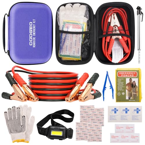 Car Roadside Emergency Kit with Battery Jumper Cables,Car Accessories for Men or Women,Automotive Safety Kit for Car,Vehicle, Truck or SUV,Gifts for Men or Him, Purple - color: Purple, size: 9 Pcs