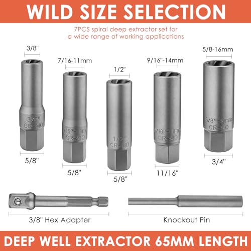 7 PCS Bolt Extractor Kit, 3/8" Drive Spark Plug Removal Extraction Socket Tool, Spiral Deep Bolt Extractor Set for Damaged, Frozen, Rusted, Rounded-Off Bolts, Studs, Nuts & Screws, T38207 - size: 7-pieces