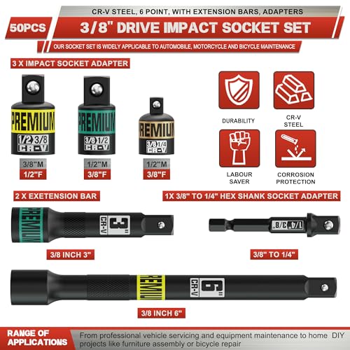 3/8" Drive Impact Socket Set, 50-Piece Standard SAE 5/16 to 3/4 inch and Metric 8-22mm, Cr-V Steel, 6 Point, with Extension Bars and Adapters, for Impact Wrenches, Automotive and Home - size: 3/8" 50pcs