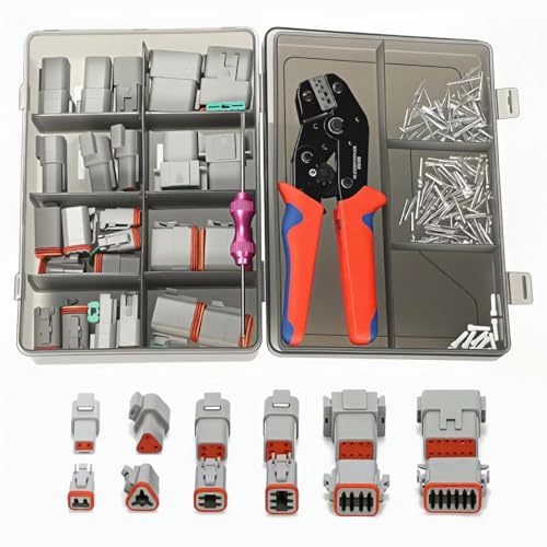 212PCS 12 Kits DT Connector with Crimping Tool & Terminal Removal Tool for Deutsch Connector Kit, 2 3 4 6 8 12 Pin Automotive Electrical Connectors & Size 16 Stamped Contacts for Car Marine Wiring