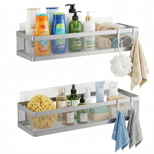 PUSDON 16.5-Inch Extra Long Slim Mesh Shower Caddy, Wall Mounted Bathroom Organizer with Adhesive, Heavy Duty Rustproof Shelf for Narrow Kitchen Pantry & RV, Holds 50 LBS Silver Gray -2 Packs Netting - color: Silver Grey, size: Full Mesh (16.5" Extra Long
