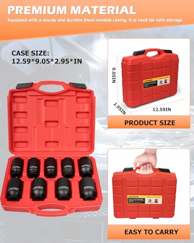 DAYUAN 9 Pcs Axle Nut Hub Impact 1/2" Drive Deep Impact Socket Set | 29 30 31 32 33 34 35 36 38mm, 6-Point Design，Locking Hole，For Axle Nut Removal，Fits Most Vehicles, Storage Case, Cr40 Steel