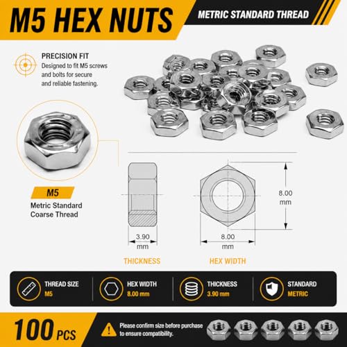 100Pcs M5 Hex Nuts, 304 Stainless Steel Hardware Nuts, Full Thread Hex Drive, for Bicycles, Machinery, Electronics, and DIY Projects - size: M5 (100 pcs)