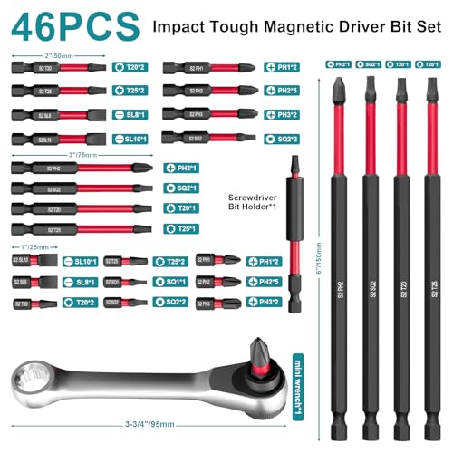 46Pcs Screwdriver Bits Set, S2 Steel Screwdriver Impact Bits Kit | With 1Pc Magnetic Bit Holder & a Wrench, Used for Power Screwdrivers and Electric Drill Drivers - style: 46Pcs Screwdriver Bits Set