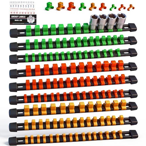 SWANLAKE Organizer Socket Holder, 9PCS 1/4-Inch x 48 Clips, 3/8-Inch x 45 Clips, 1/2-Inch x 36 Clips, Premium Quality Socket Clip Rail Holder - style: 9 PCS Green&Yellow&Orange