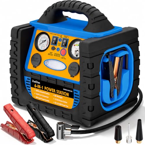 Car Jump Starter with Air Compressor, 1800A Battery Booster Pack for Up to 8.0L Gas & 6.0L Diesel, 150PSI Tire Inflator, 400W Portable Power Station with AC Outlet, 6-in-1 Jump Box for Cars, Trucks - style: 1800AMP