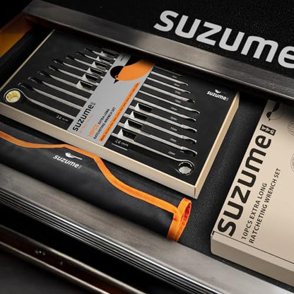 SUZUME 10-Piece Extra Long Ratcheting Wrench Set Metric 8–22mm 72 teeth Cr-V Steel Double Box End For Tight Engine Bays Suspension Work Automotive Repairs with EVA Foam Organizer and Rolling Pouch - size: 10-Piece